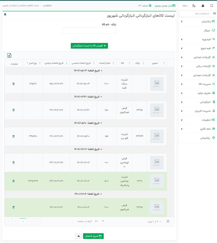 شمارش دارو ها با تاریخ انقضا